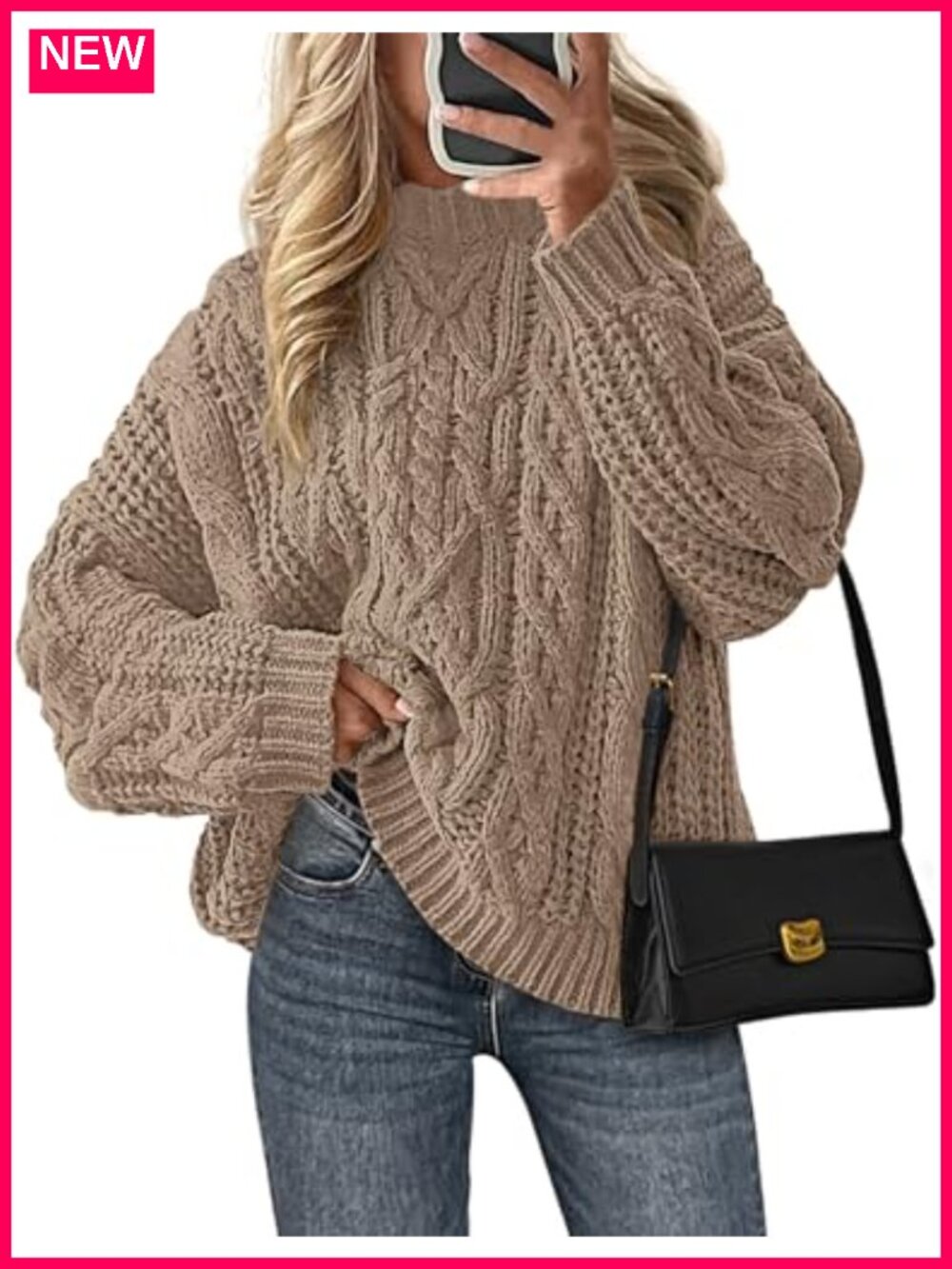 Womens Oversized Cable Knit Chunky Sweater Crew Neck Pullover